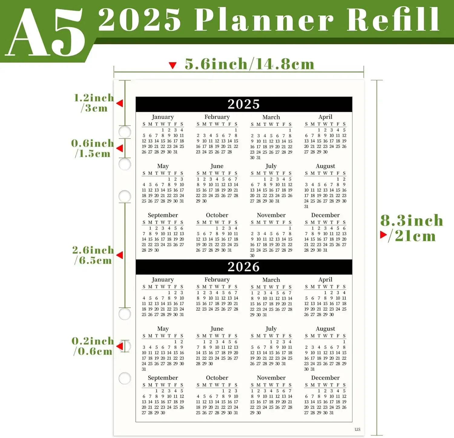 Inserto de repuesto para carpeta planificadora semanal y mensual A5 2025, papel de 5,8 