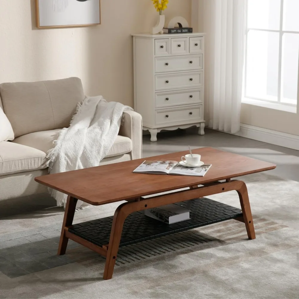 

Walnut Coffee Table with 2-Tier Storage Shelf, 47.25" W Mid Century Rectangular Coffee Table with Black Faux Leather Layer for L