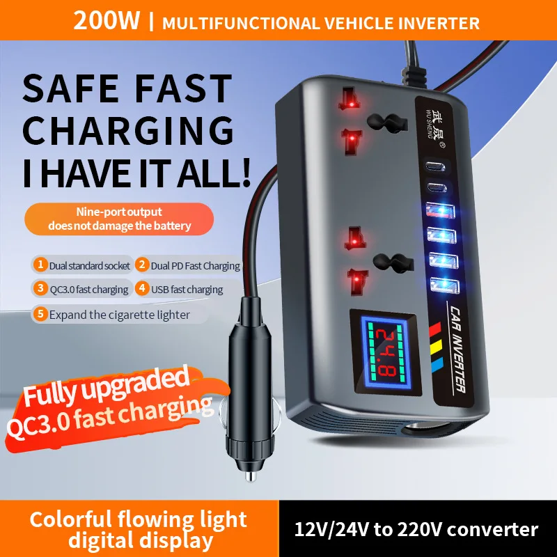 Portable Car Inverter 12V/24V to 220V Outlet Adapter with 4 USB Ports Fast Charging Automotive Charger for Auto Car Truck SUV RV
