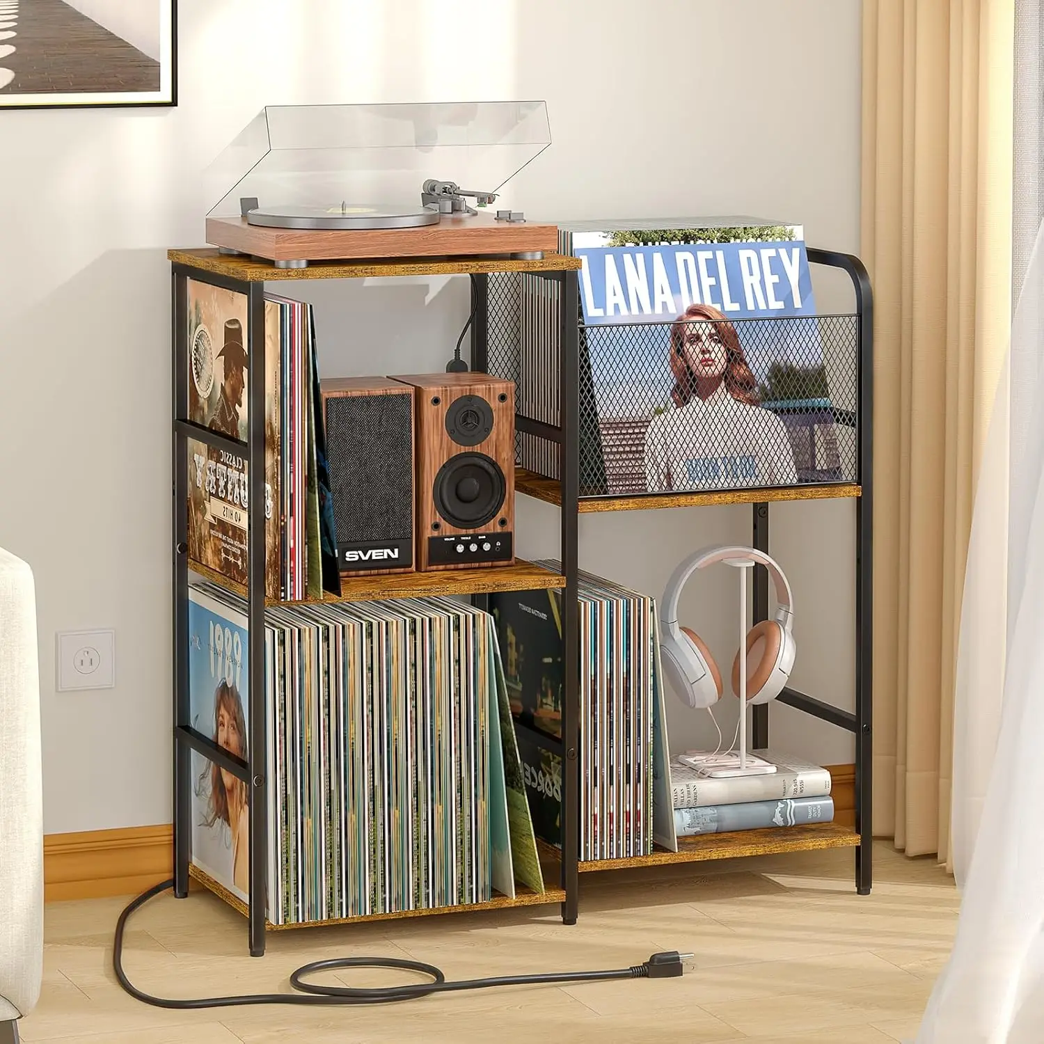 

Record Player Stand with Power Outlets, Turntable Table with Vinyl Storage Holds 300+ Albums, LED Light, 30" Wide