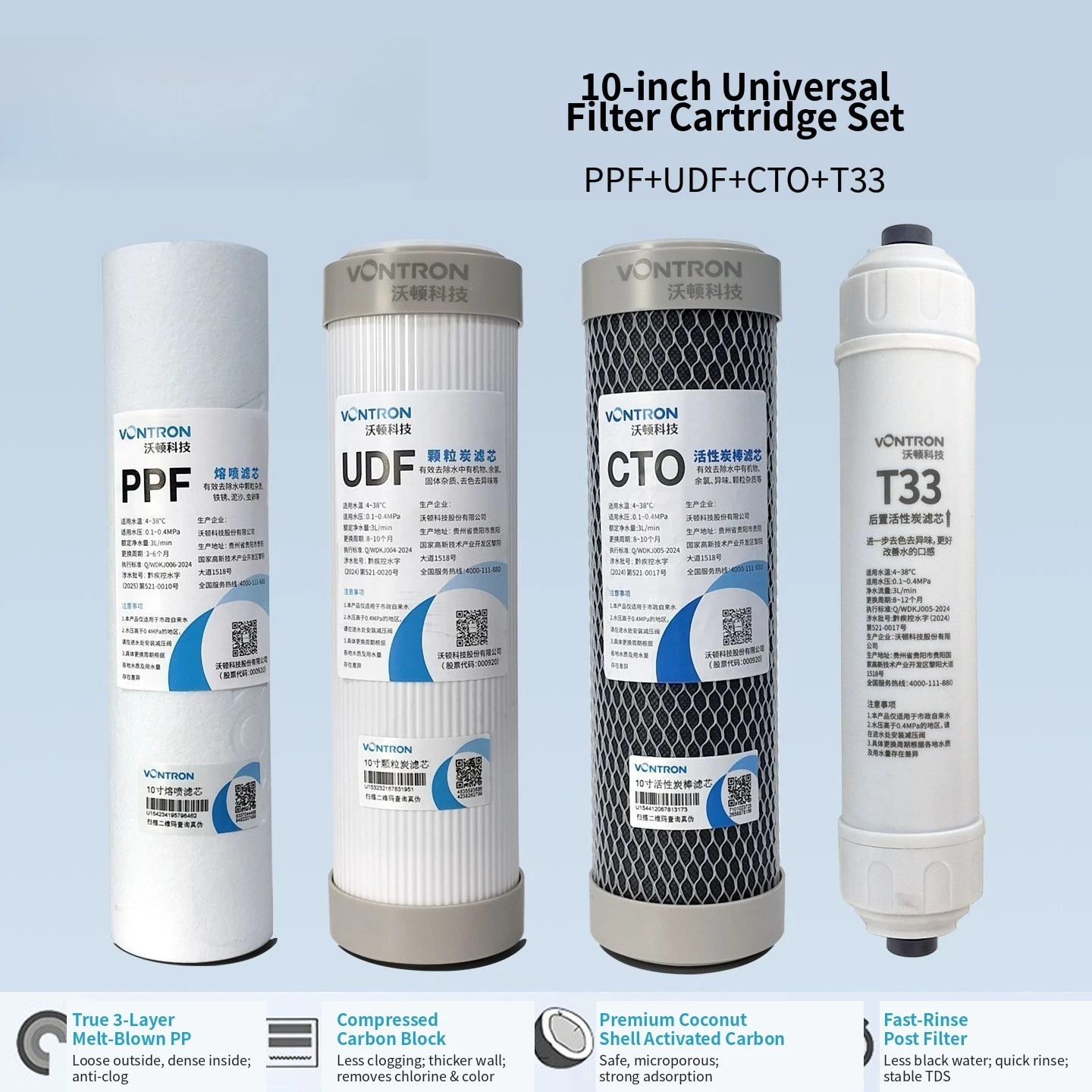 10 Inch Water Filter Cartridge PP Cotton UDF Granular Activated Carbon CTO Block T33 Post Filter RO Water Purifier Whole House