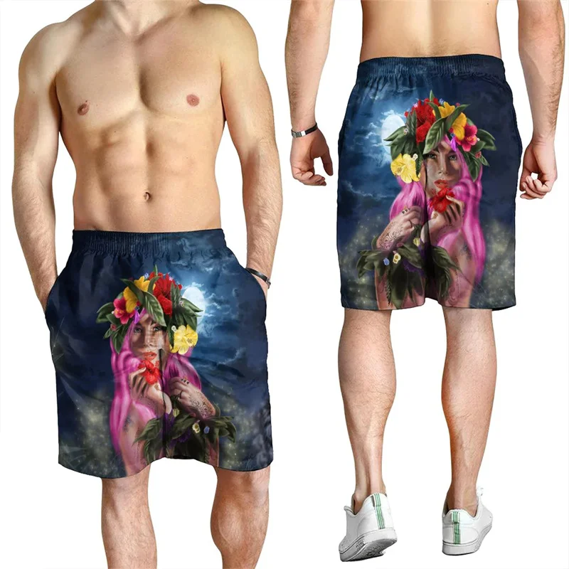 Hawaii Kanaka Colorful Girl Printed Men's Hawaii Beach Shorts  Polynesian Swim Short Trunks Gym Ice Shorts Boy Board Short Pants