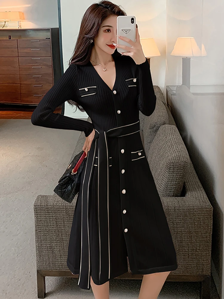 Otoño Invierno blanco de punto de un solo pecho vestido Midi mujeres elegante vendaje ceñido al cuerpo vestido de fiesta 2025 moda coreana vestido Casaul