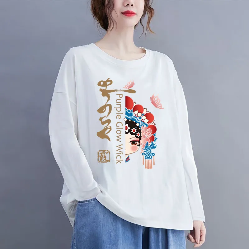 China Peking Opera Print T Shirt Women Oversize Plus Size Autumn Winter T-shirt Casual Long Sleeve Top Female Cartoon Clothing