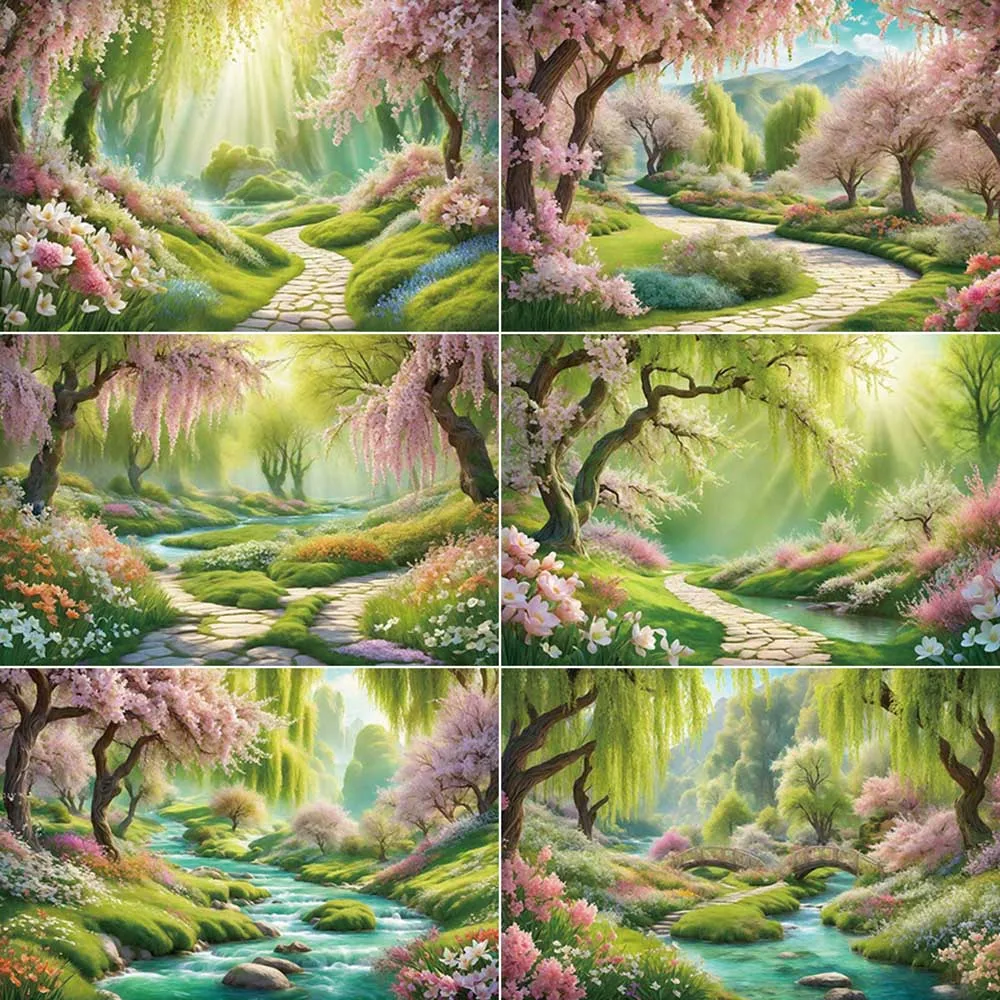 

MOON.QG Wonderland Backdrop Photography Spring Cherry Blossom Willow Photocall Background Child Photo Studio Photocall Supplies