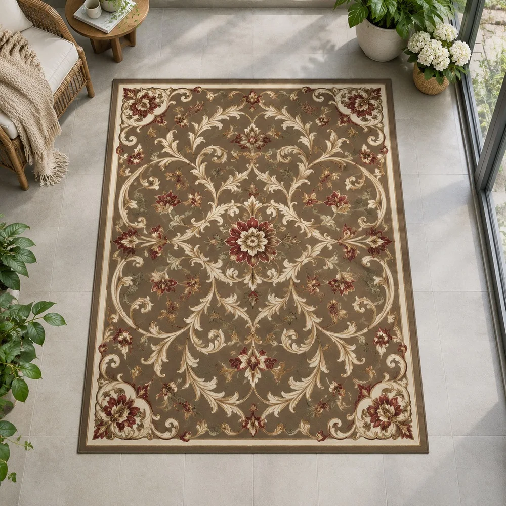 VIKAMA Floor Carpet Coffee Brown Scroll Floral Trellis Modern Easy Clean Sunroom Reading Nook Walk In Closet Bathroom Home Decor
