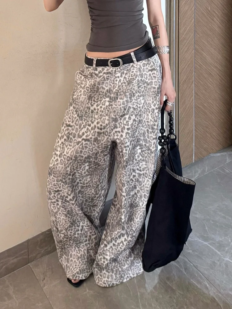 

Ретро-джинсы в американском стиле, свободные, расслабленные, женские, модные, универсальные, с эффектом потертости, с леопардовым принтом, брюки в пол