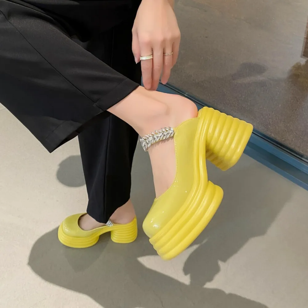 Patent Leather High Heel Slippers Sandal Woman Fashion Mules Shoes Women Yellow Pink White Chunky Heel Outdoor Womens Slippers