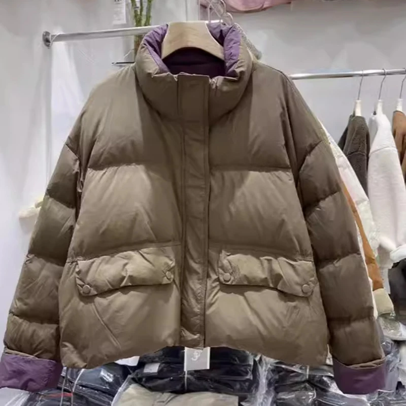 Koreanische kurze Baumwoll jacke für Frauen neuer Stehkragen lose warme gepolsterte Kleidung Winter Patchwork verdickter Mantel