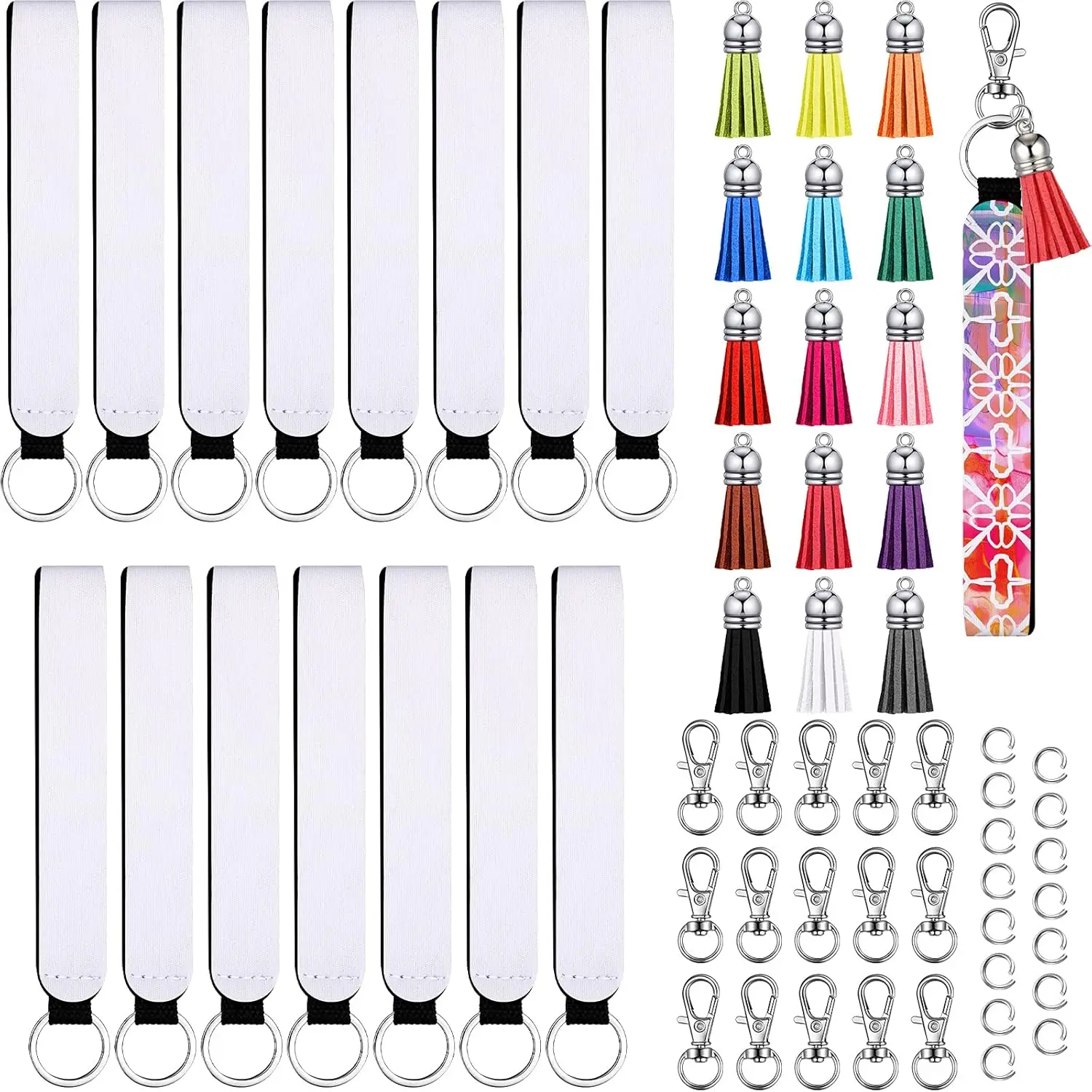 15Set Wristlet Keychain Set, Sublimation Blank Keychain Wristlet,Tassels,Swivel Snap Hooks and Jump Rings for DIY Keychains