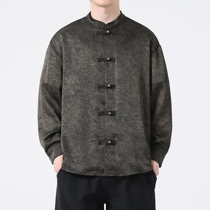 

Мужская повседневная рубашка с длинным рукавом, цветочная вышивка, на пуговицах, в китайском стиле, свободный крой, дышащая, влагоотводящая, на все сезоны