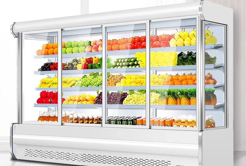 

Шкаф с воздушной шторкой и раздвижной дверью Коммерческий шкаф для хранения фруктов с раздвижной дверью Витрина для напитков в супермаркете