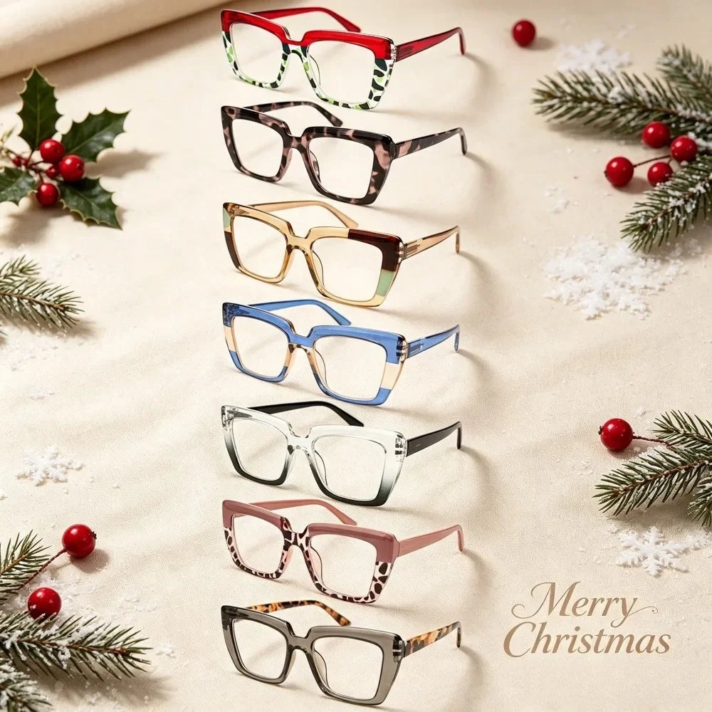 7-Piece Women's Reading Glasses with Large Square Frames - Over-the-counter Daily and Special Occasion Glasses for Driving, Partying, Work - Compatible with Presbyopia for Halloween and Christmas Gifts in Random Colors