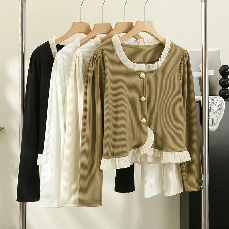 

Women Square Collar All-match Korean Style Contrast Color Long Sleeve Tops Autumn Simple Button-up Slim-fit Pleated
