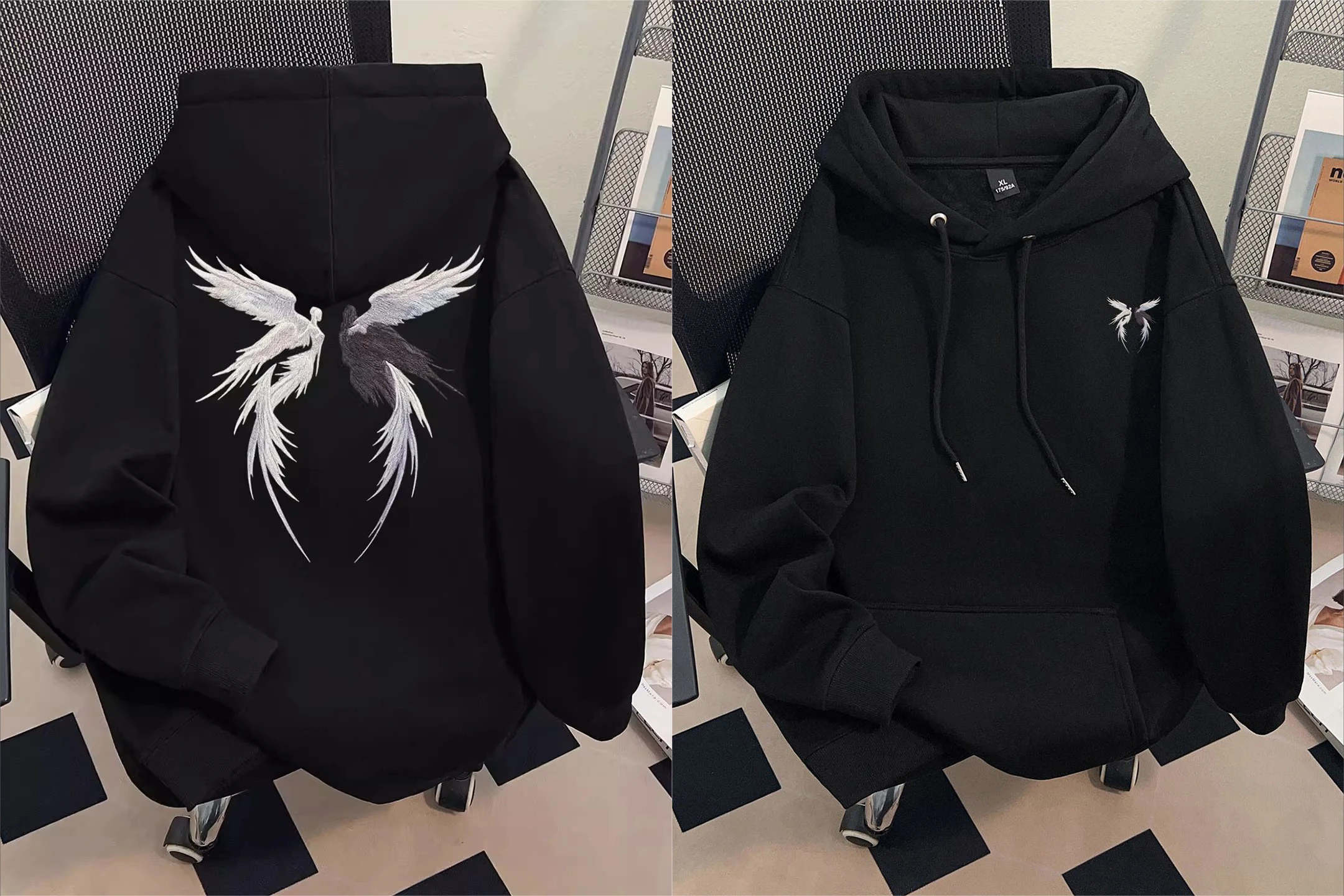 Hoodies casuais masculinos asas de anjo imprimir moletons soltos e elegantes para outono e inverno moletons masculinos de alta qualidade