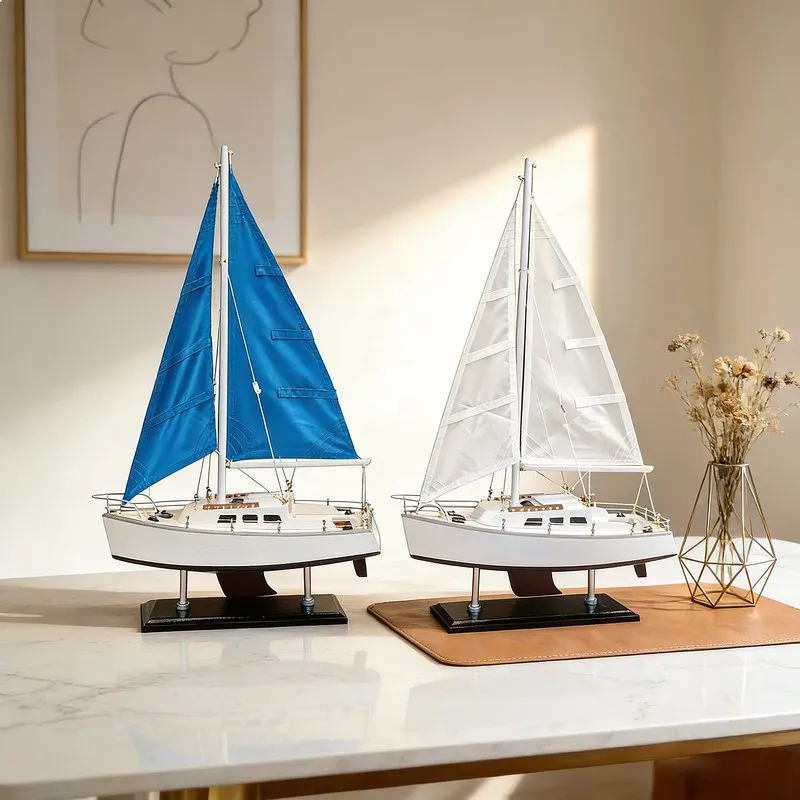 American Single-Mast Catalina Wooden Sailboat Model, Blue White Sails Home Decor home decoration accessories