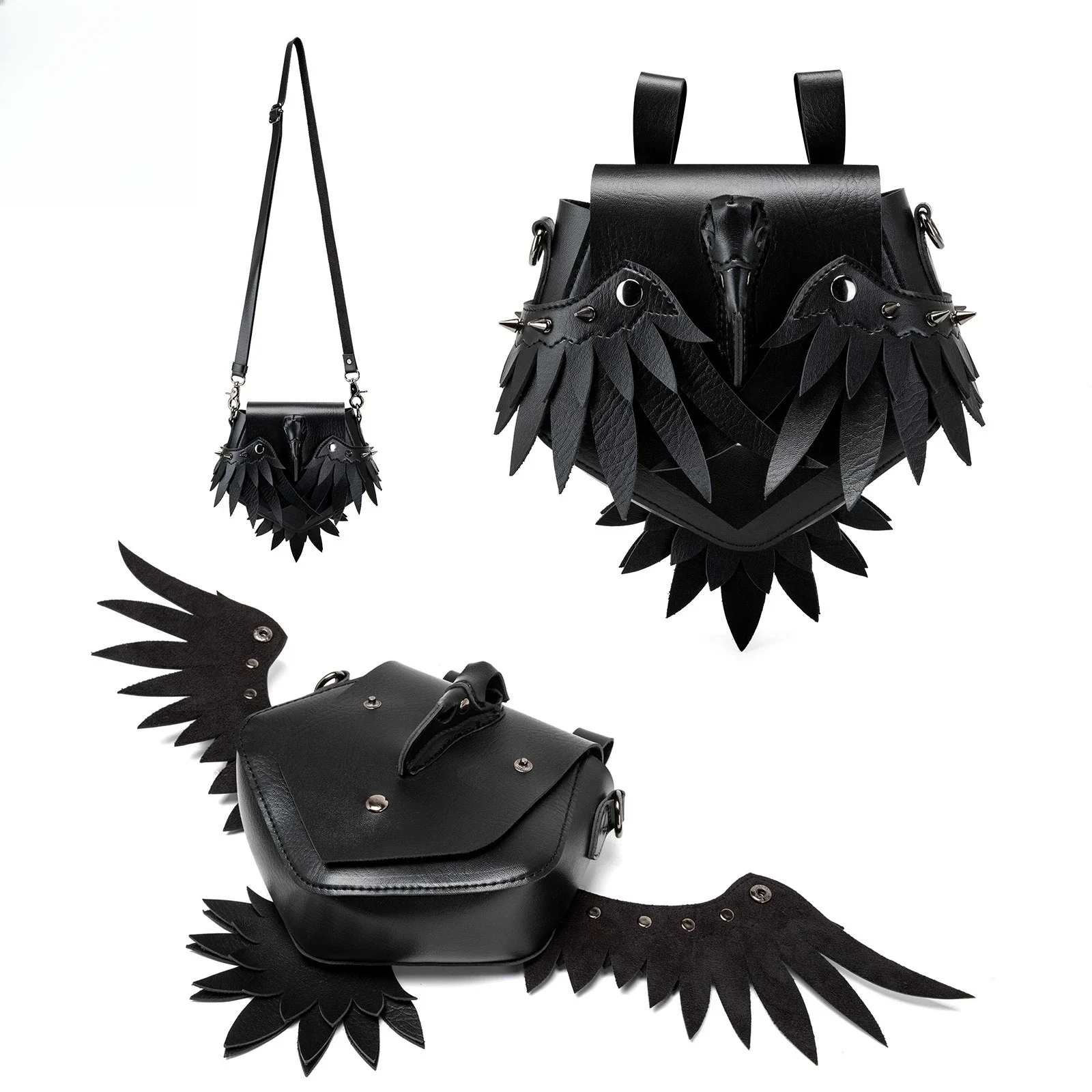 Black Women Waist Bag Detachable Feather Wings Rivet Decor Y2k Mini Bag for Women Streetwear
