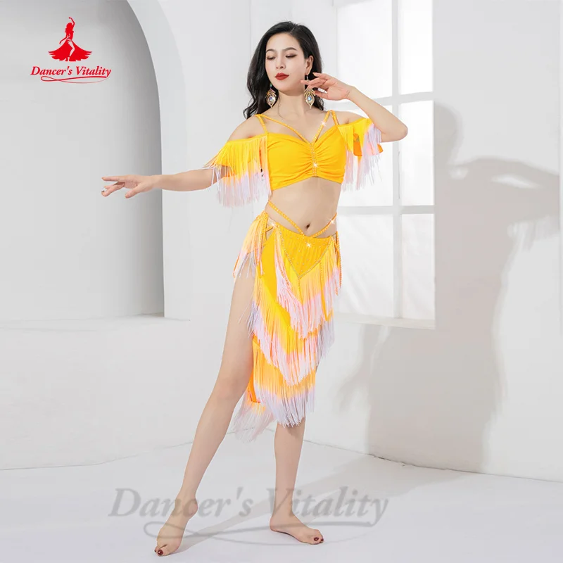 Belly Dancing Performance Set Customized Light Luxury Rhinestone Top+Sexy Split Tassels Skirt 2pcs Women Oriental Dance Clothing