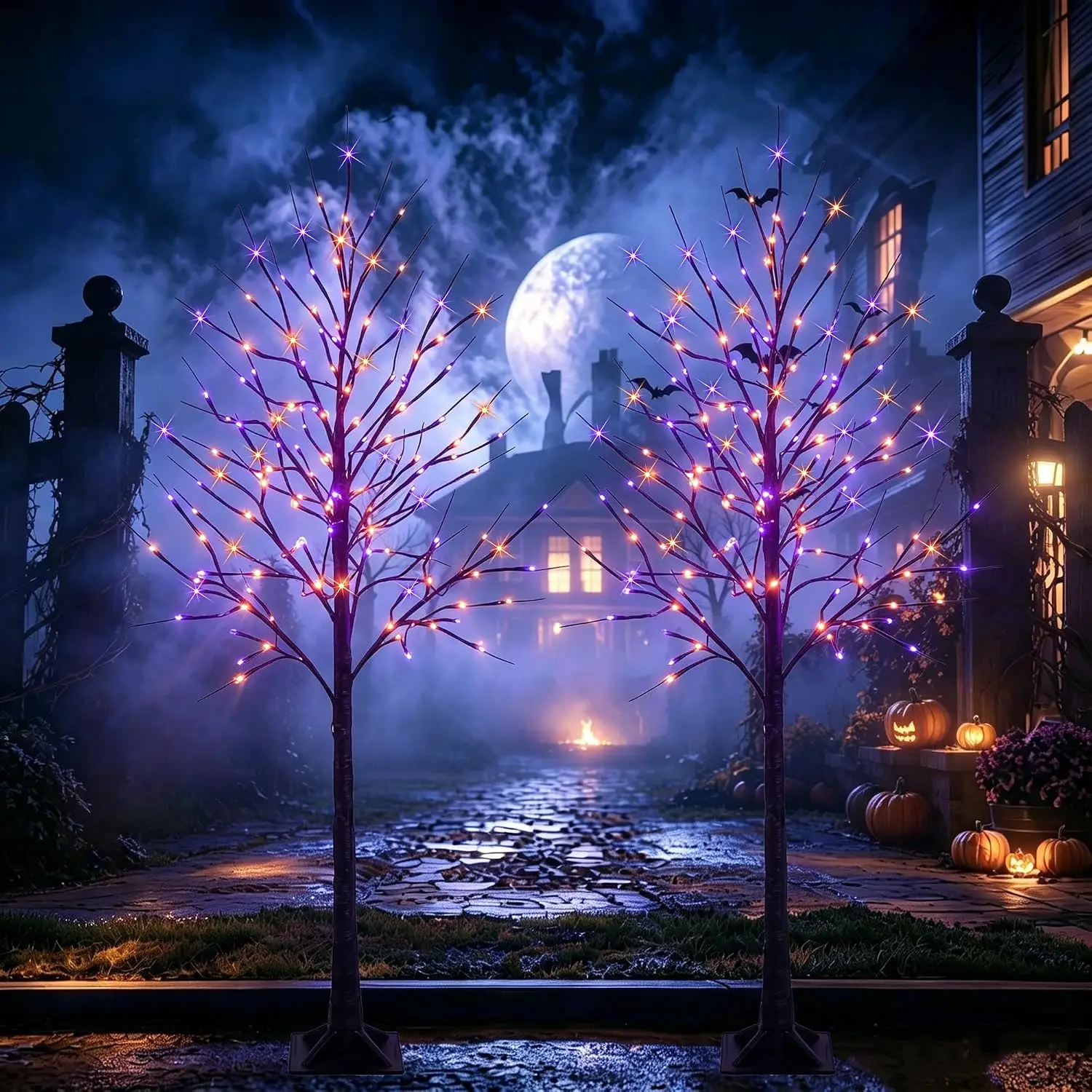 2 Pack 6 FT Halloween Lighted Black Birch Tree, Total 288 LED Purple and Orange Spooky Tree with Timer, Waterproof Halloween Dec