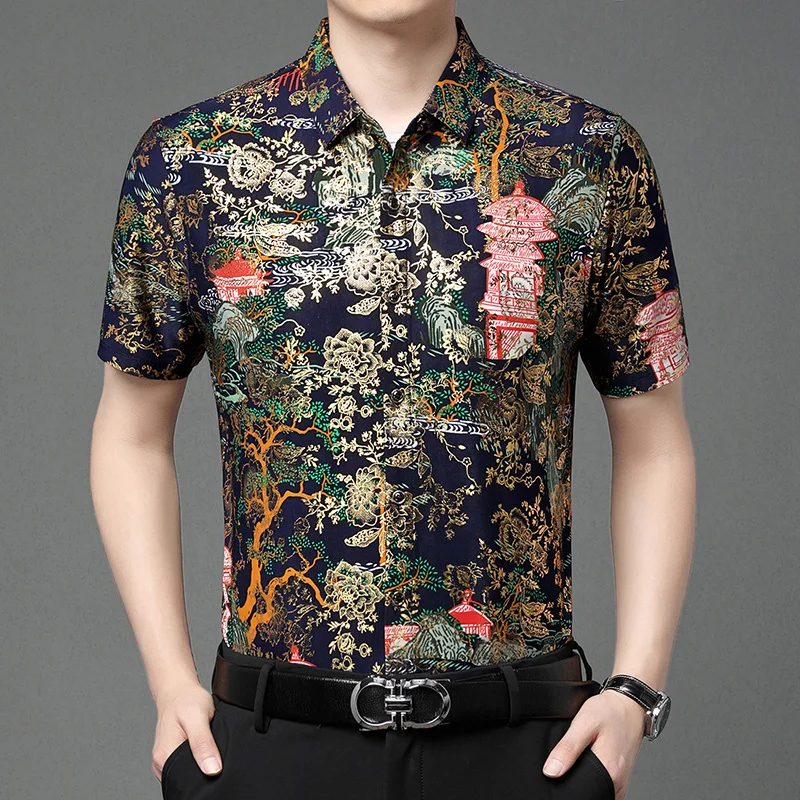 Trend Printed Shirt Men's 2024 Short Sleeved Polo Shirt, Business Casual Retro Ethnic Style Clothing, Asian Size M-4xl