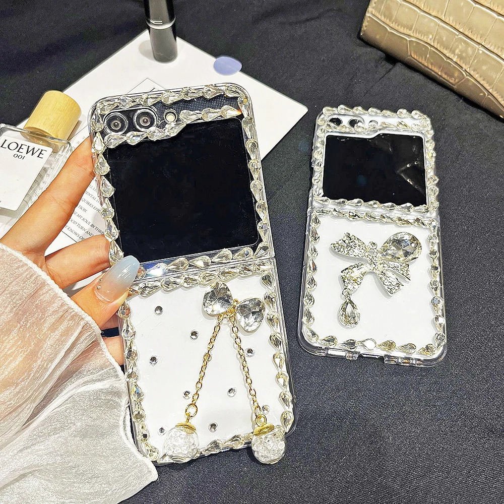 Korea Luxury Diamond Bow Pendant Tassels Transparent Phone Case For Samsung Galaxy Z Flip5 Z Flip4 Z Flip3 Rhinestone Back Cover