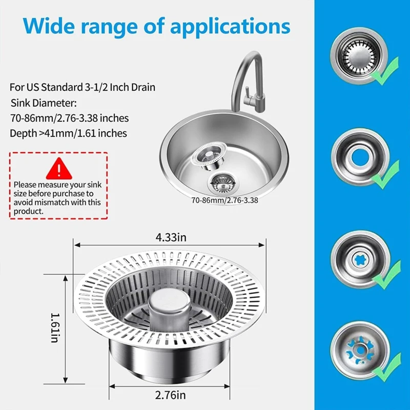 ABBN-3 In1 Kitchen Sink Drain Strainer, Metal Sink Stopper, Bathroom Sink Drain Drain Filter, Catcher Basket