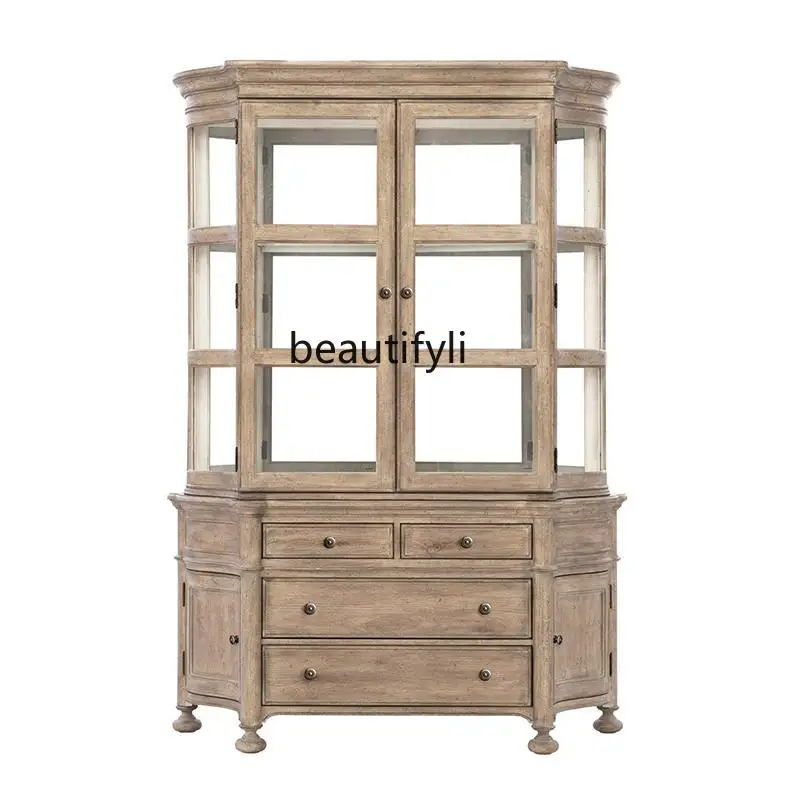 

American rural retro old solid wood dining side cabinet, small apartment restaurant glass wine, storage, locker