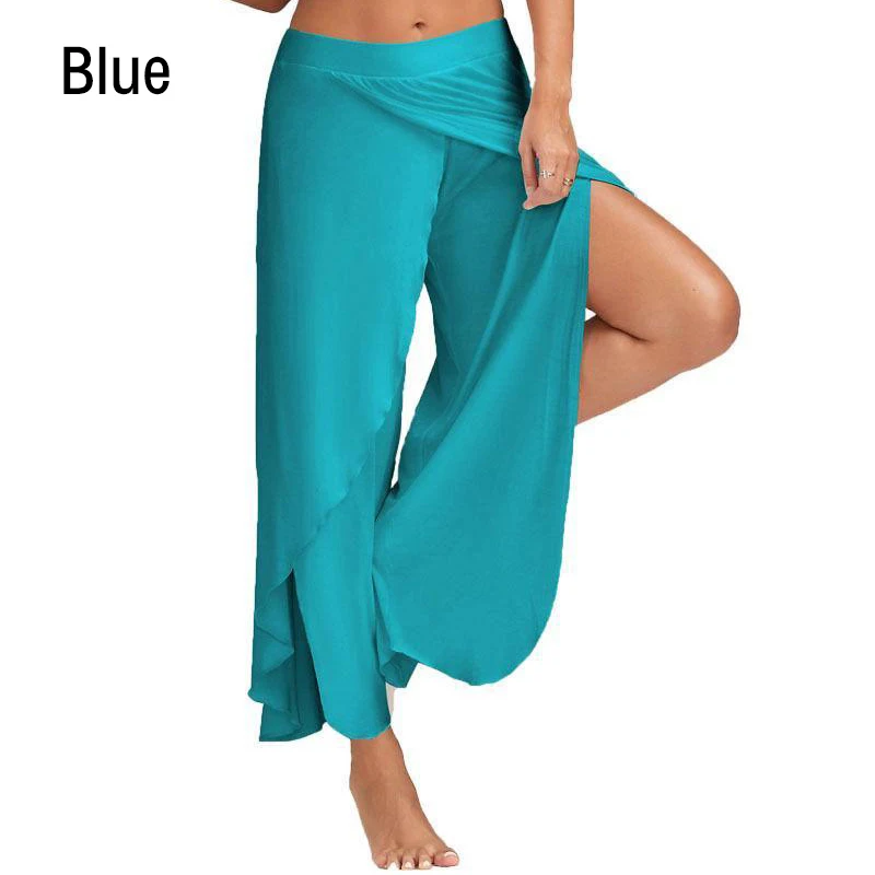 Women Wide Leg Pants Yoga Split Trousers Female Elastic Wasit Casual Loose Fitness Open Leg Pants Solid Color Harem Pants