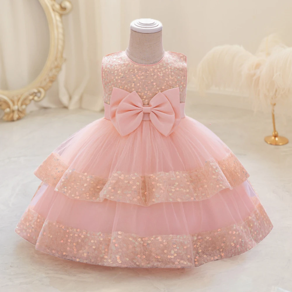 Sequin Bow Baby Girls Party Dresses Toddler 1st Birthday Baptism Dress Lace Wedding Princess Dress for Girls Christmas Prom Gown