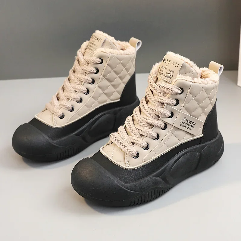 

Women's High Top Sneakers Winter Plush Warm Snow Boots Fashion Leather Casual Boots for Women Non Slip Platform Boot Botas Mujer