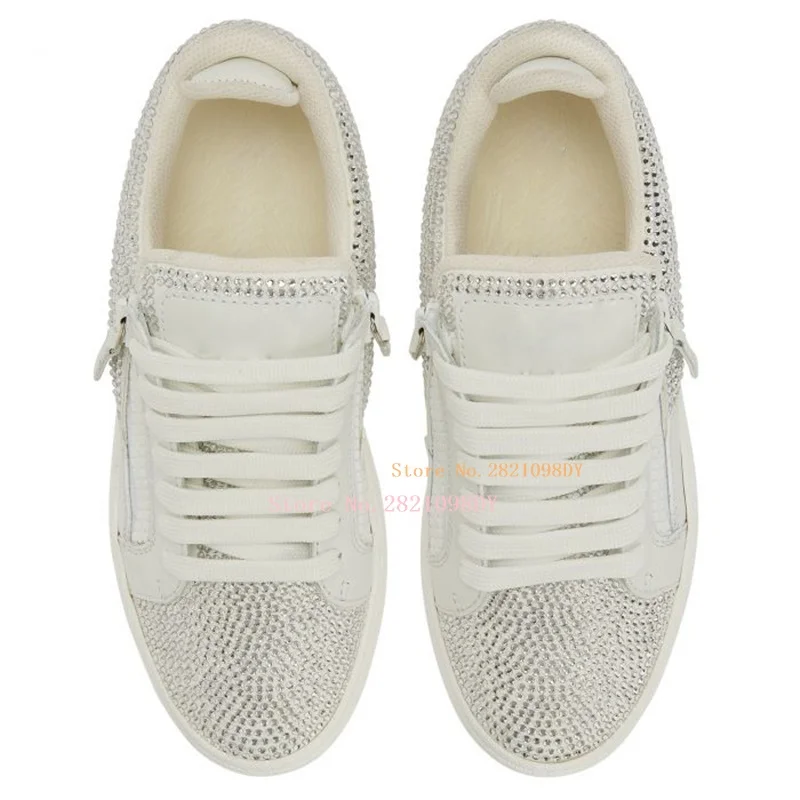 White Leather Women Shining Rhinestone Flats Loafers Slip-On Casual Shoes Comfort Female Crystal Footwear Low Top Sneakers Daily