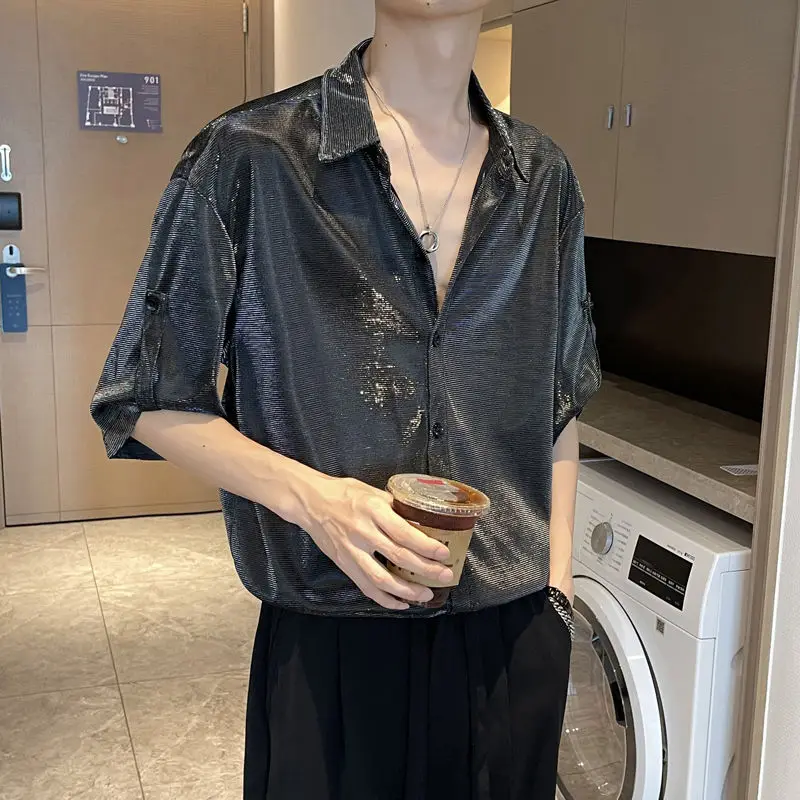 Luxury Trend Summer New Shirts for Men High-end Liquid Metal Reflective Shiny Shirt Streetwear Hip Hop Performance Shirts Tops