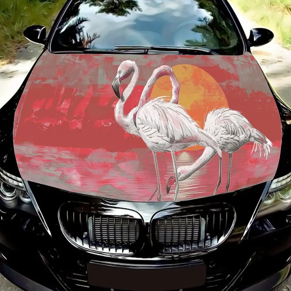 Painted Animal White Flamingo Print Car Hood Wrap Color Vinyl Sticker Truck Graphic Bonnet DIY Auto Accessories Decoration Decal