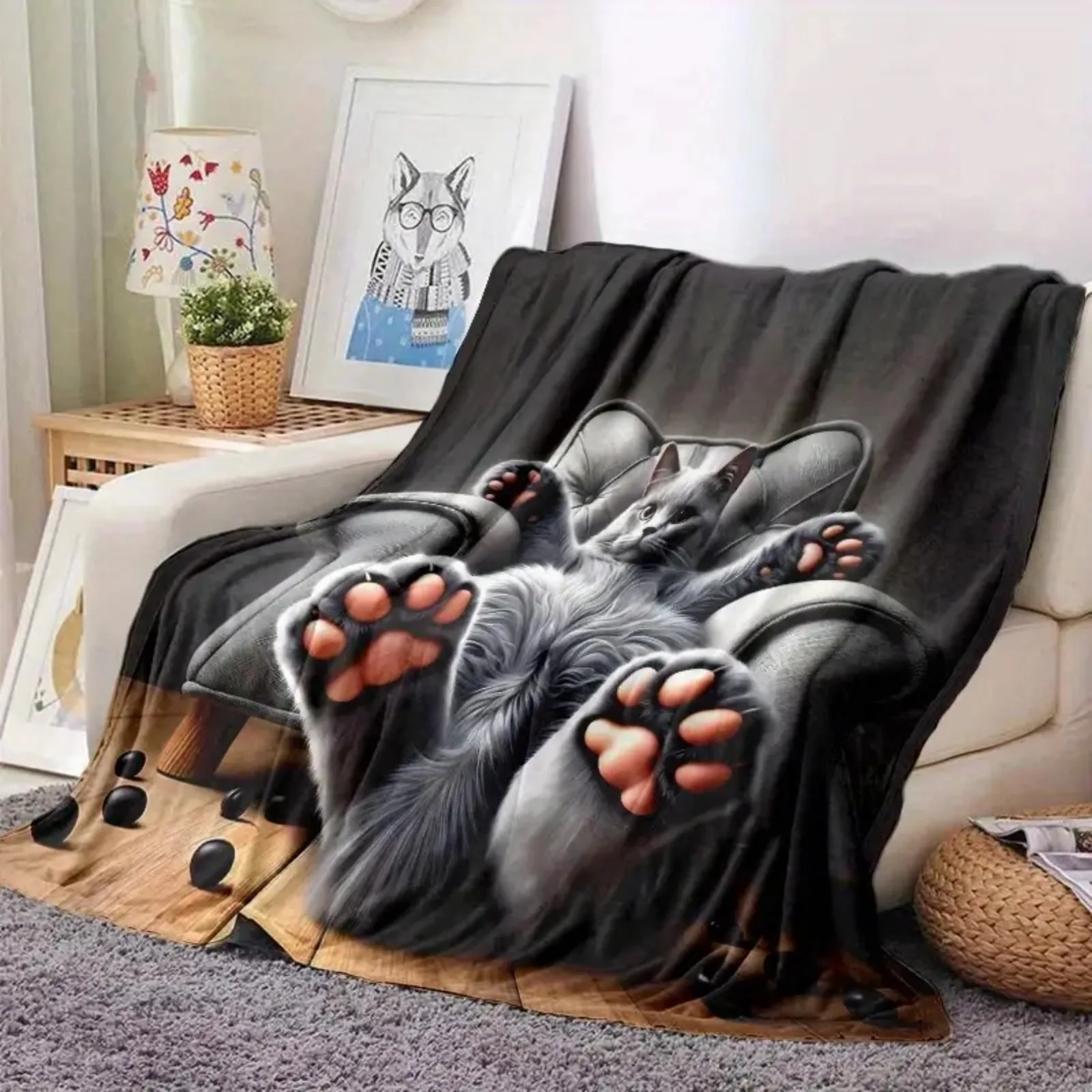Large Cute Cat Artwork Throw Blanket Polyester Plush Couch Chair Decor Nap Lap Blanket Gift for Animal Lovers Xmas Home Decor