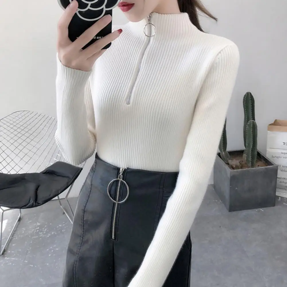 Half Turtleneck Women Sweater Long Sleeve Zipper Neckline Knitted Pullover Female Sweater Slim Basic Knitted Tops Korean Jumpers