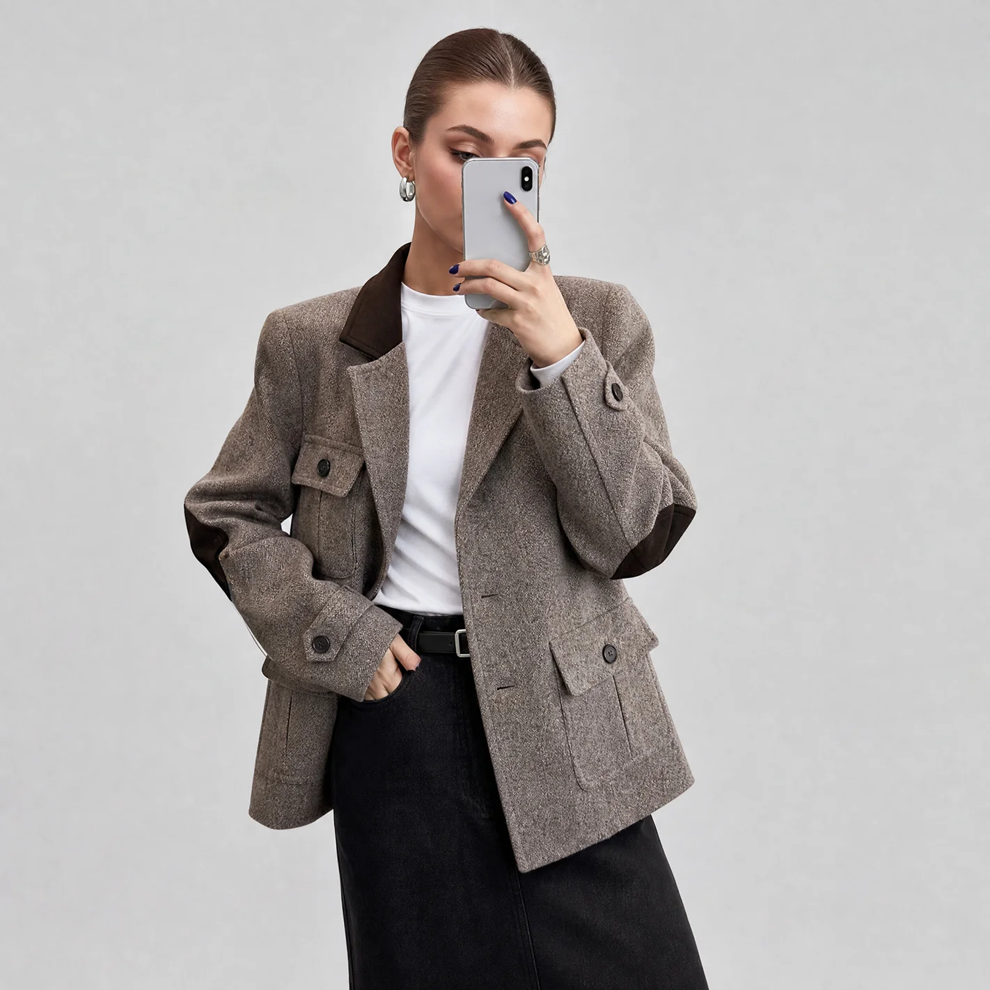 IG Women Speckled Tweed Wool Blend Contrast Suede Collar Hunting Jacket, Flap Pockets Elbow Patches Vintage Commuter Outerwear