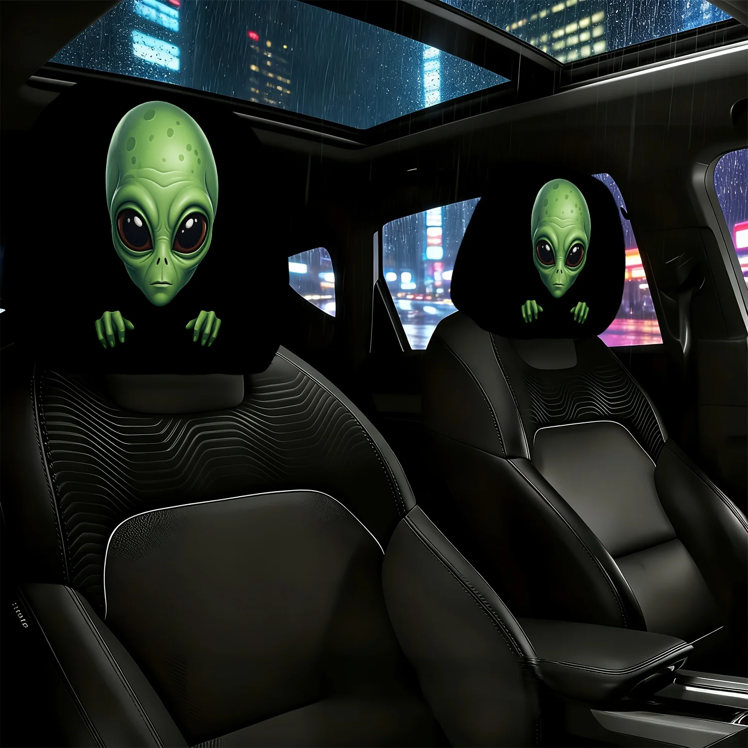 2pcs green car headrest covers with alien designs; breathable and stretchy headrest covers, without filling