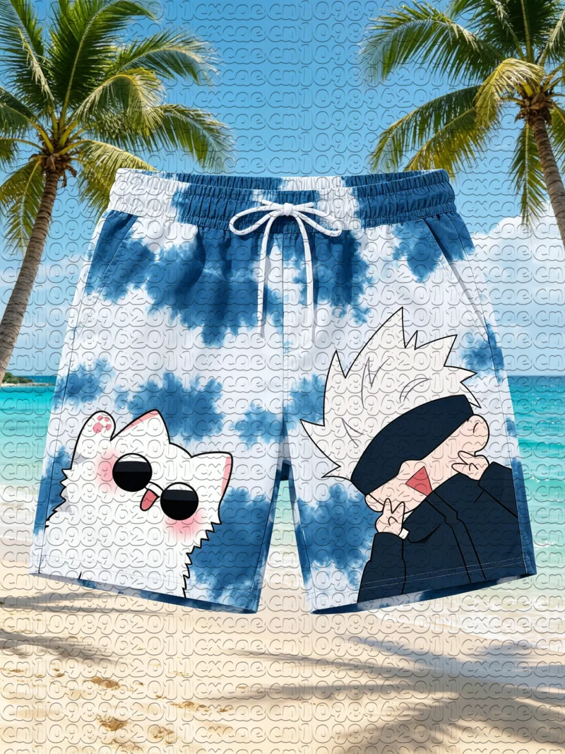 Summer New Manga Jujutsu Kaisen Cute Gojo Cat Tie Dye Print Quick Dry Beach Shorts Unisex Men Women Anime Swim Trunks Y2k