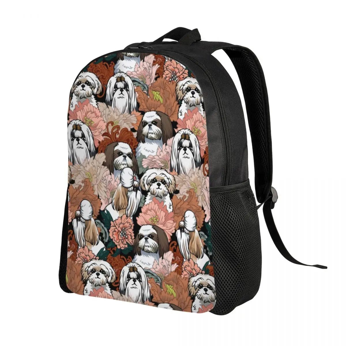 

Shih Tzu Dog Flowers Pattern Laptop Backpack Men Women Basic Bookbag for College School Students Pet Animal Bags