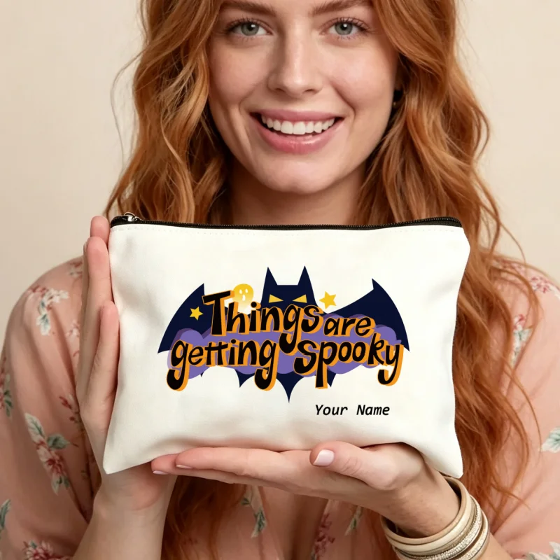 Custom Make Up Bag Bat Ghost Print Cosmetic Bag Canvas Travel Side Bag for Ladies Halloween Makeup Bags Cases Purse for Women
