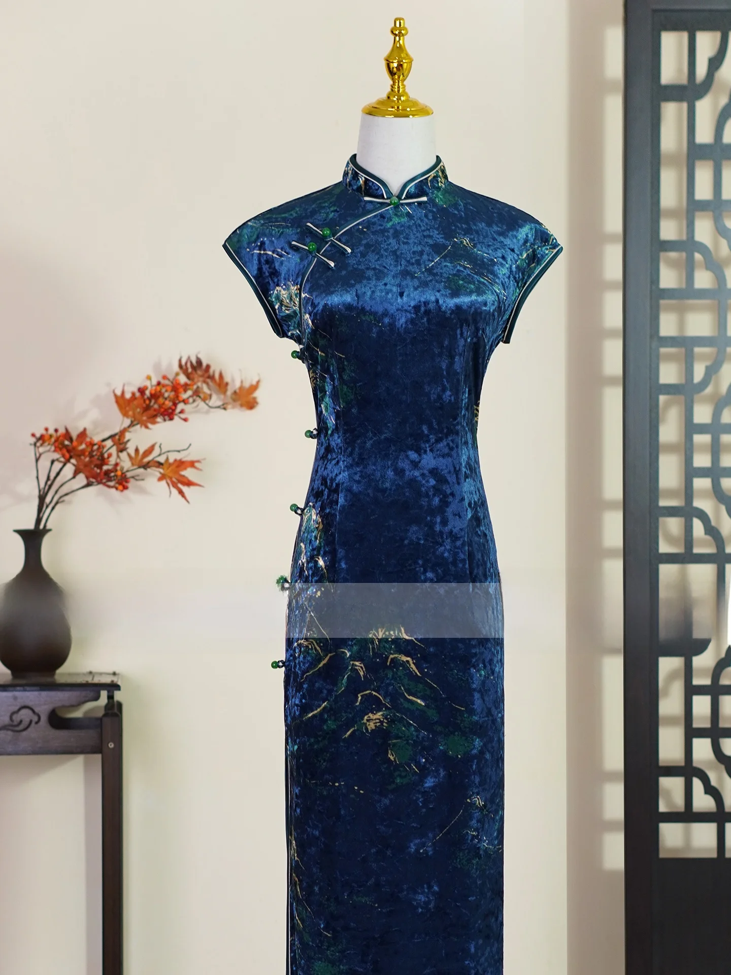 

Костюм для сценических выступлений в стиле Old Shanghai Young Style, темно-синий, в новом китайском стиле, средней длины, дышащий, утолщенный, весенний.