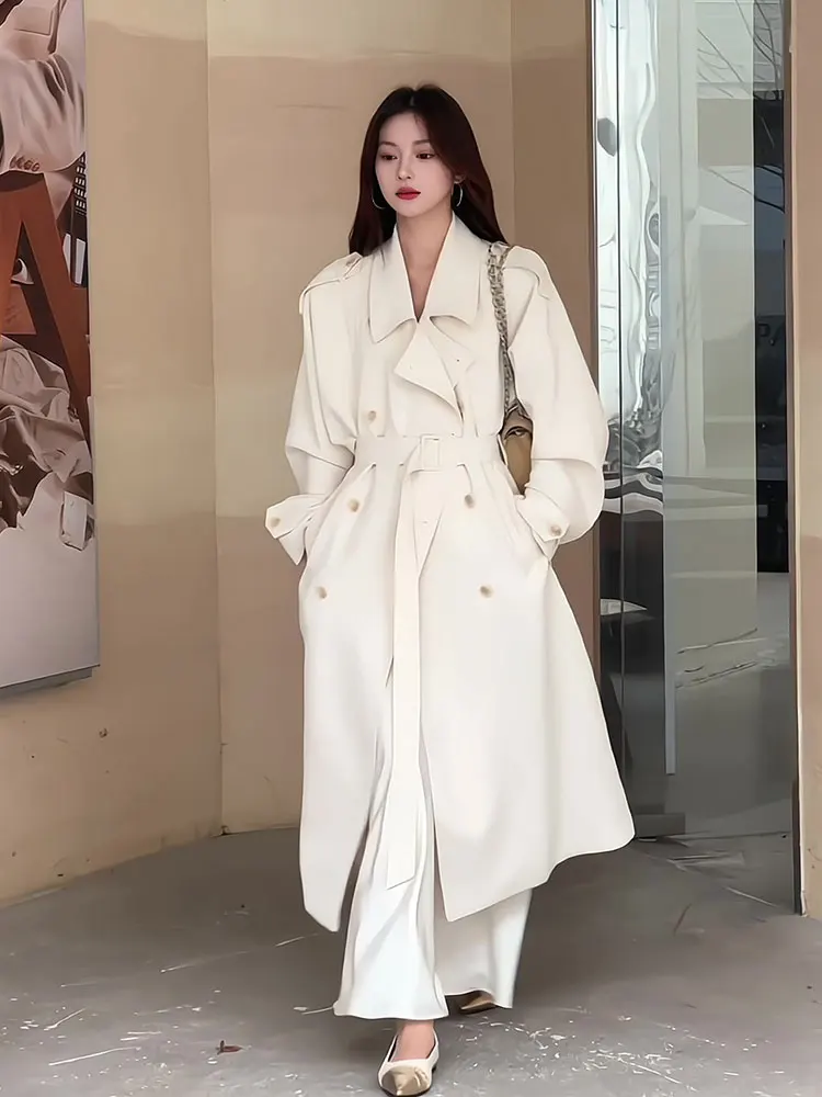 

Korean Sle Commuter Windbreaker Coat Women's Long Sve Double Breasted Mid-Length ape Outerwear Spring Autumn New