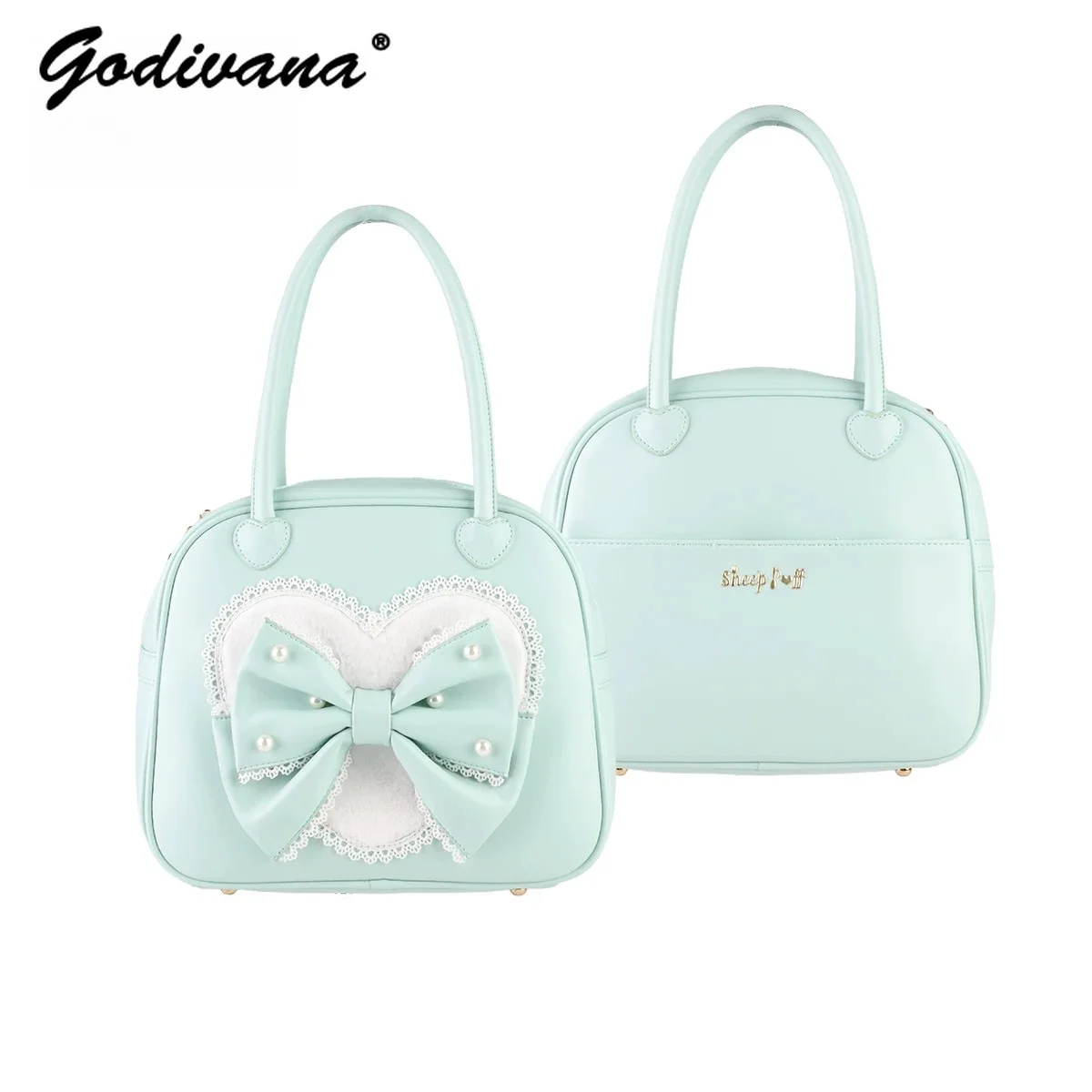 Cute Bow Beading Lolita Tote Bag Original Design Sweet Girly Lace Spliced ​​women's Leather Handbag Exquisite Bucket Bags