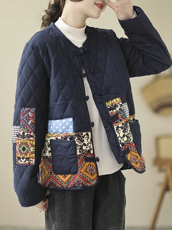 

Thickened Patchwork Long Sleeve Cotton Jacket Winter Outerwear Warm Cotton Coat round Neckline No Brand Registered Trademark