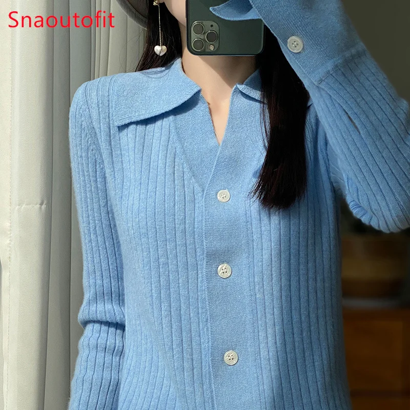 100% Wool Cardigan POLO Neck Solid Color Knit Sweater for Women Autumn Winter Fashion Formal Loose Cashmere Coat Niche Chic Top