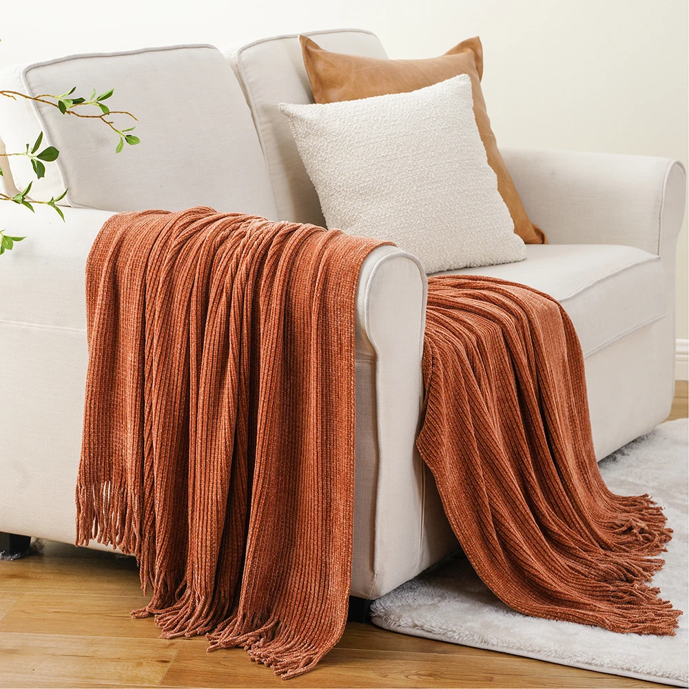 Battilo Chenille Knit Blankets with Tassels Caramel Plaid Throw Blanket for Bed Couch Decorative Sofa Blanket Bedroom Fall Decor