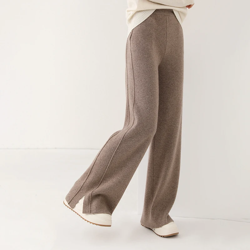 Women Wide Leg Pants Leg Split 100% Wool Knitting Pant Autumn Winter Solid Color Soft Warm Trousers for female YP01