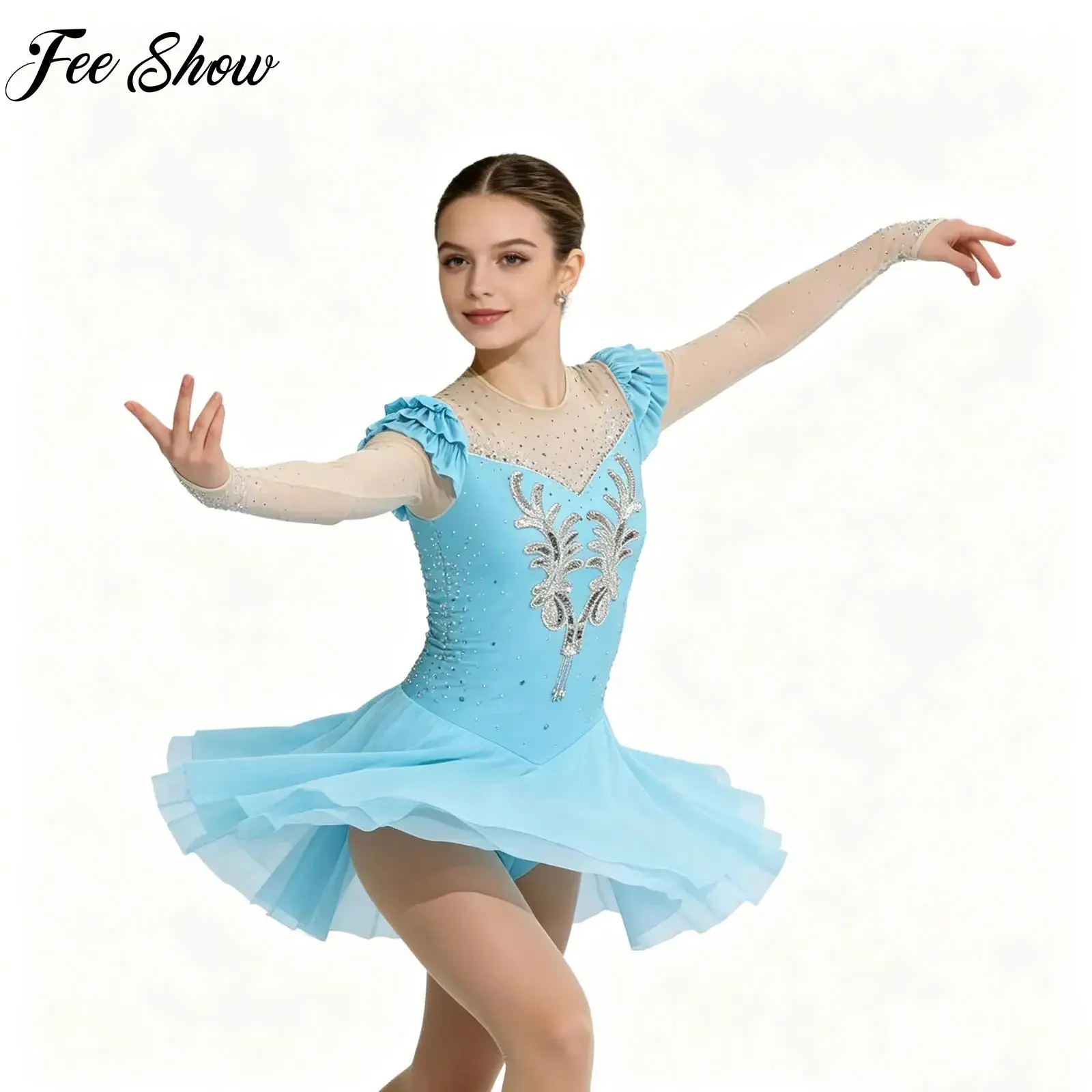 

Women Applique Shiny Rhinestone Mesh Dance Dress Ballet Dance Costume Figure Skating Dance Performance Competition Outfits