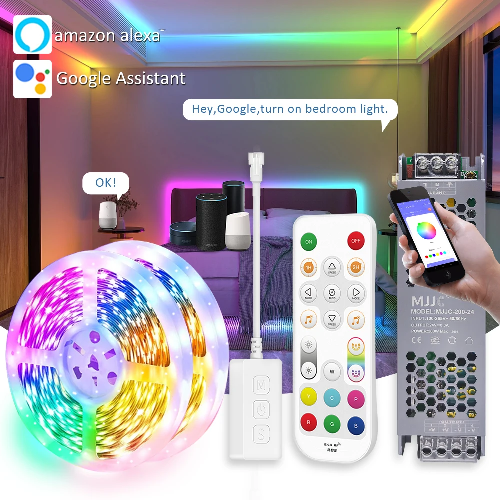 5M 10M 15M 20M Neon RGBIC Led Strip Light 24V Addressable 5050 60LEDs/m WS2811 RGB IC Ribbon Rope Alexa Wifi App RF Control Lamp