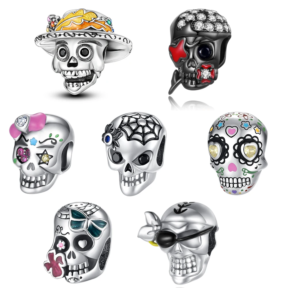 

Skull Series 925 Sterling Silver Black Skeletons Cap Beads Charm Fits Original Bracelet DIY Women Halloween Jewelry Making Gift